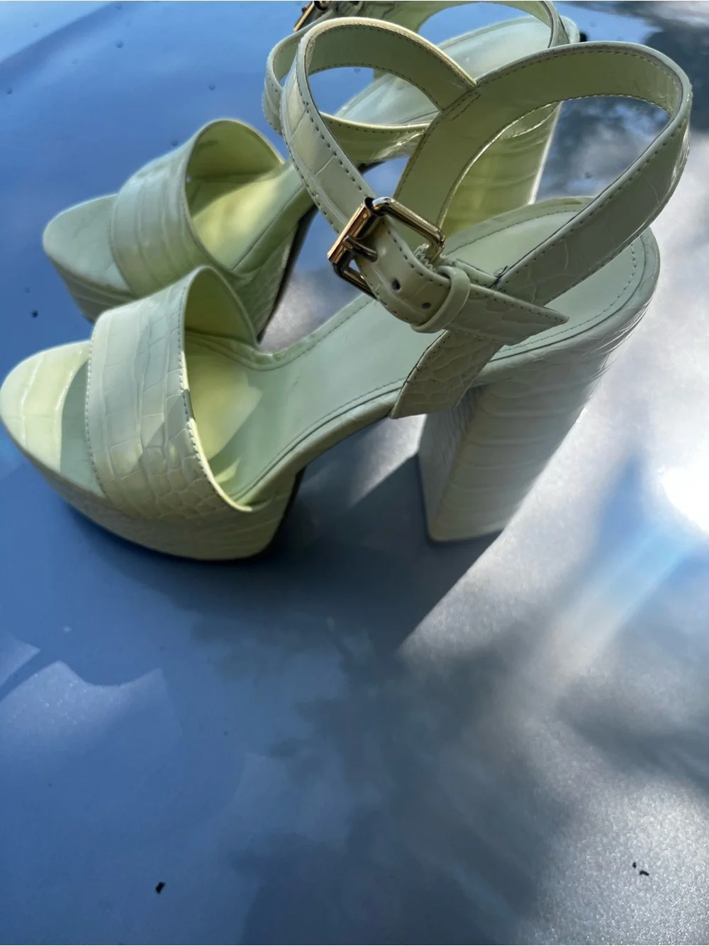 Guess Pale Green Croc-Embossed Block Heel Sandals